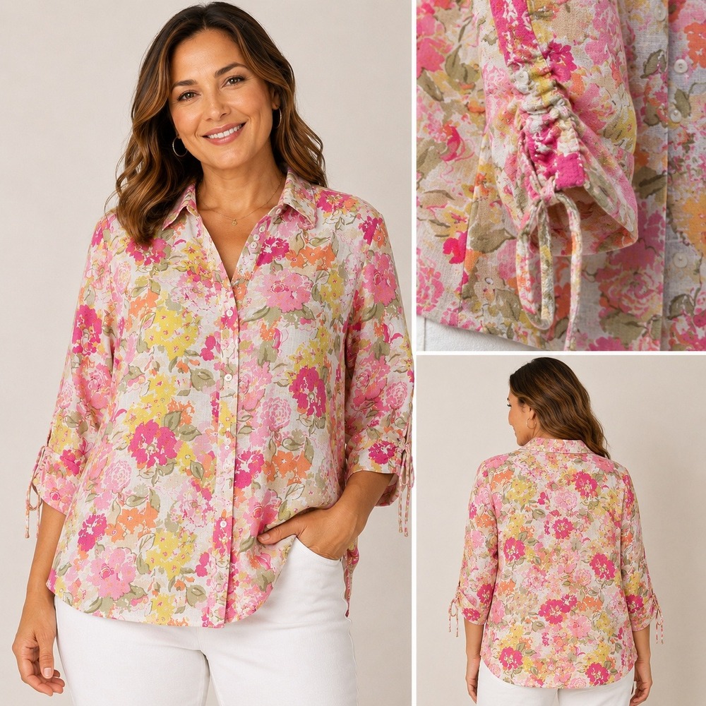 JM Collection Womens 100% Linen Floral Button Up Shirt Pink Yellow‎ Size 16